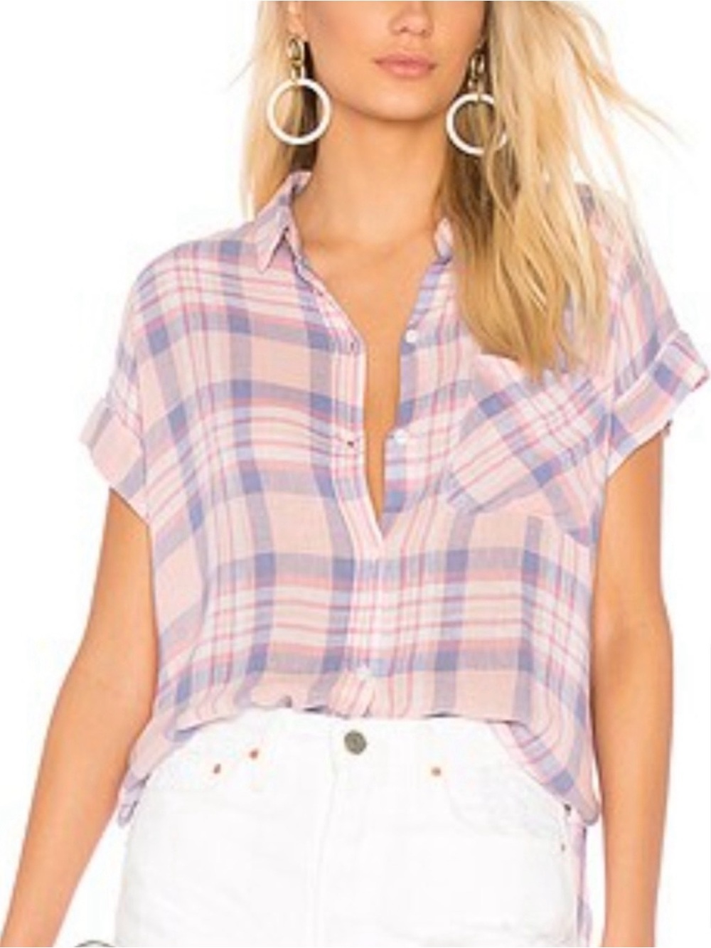 Rails Whitney Linen Blend Pastel Plaid Short Sleeve Shirt peach blush blue small